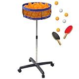 Japard Ping Pong Ball Holder Cart Collector, Table Tennis Storage Basket Stand with Universal Wheels, 28"- 38" Height Adjustable, 250 Balls, Training Equipment Gift