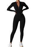 AEEZO Womens Long Sleeve Workout Jumpsuit Zip Up Yoga Rompers Sexy Tummy Control One Piece Bodycon Bottom Pants