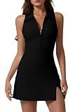 QINSEN Womens Tennis Dress with Shorts with Pockets Sleveless Polo Neck Workout Dresses Black M