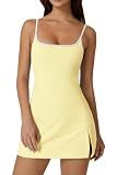 QINSEN Women Workout Tennis Dress with Built-in Shorts Spaghetti Strap Low Back Active Mini Dresses Light Yellow S