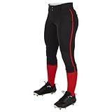 Champro Women's Standard Tournament Low Rise Softball Pants with Side, Black, Scarlet Pipe, Medium