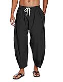 COOFANDY Men's Cotton Linen Pants Loose Fit Lightweight Beach Pants Elastic Waist Casual Yoga Pants Black