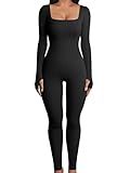 OQQ Women Long Sleeve Yoga Jumpsuits Workout Ribbed Bodysuits Pants Sexy One Piece Black