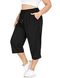 FOREYOND Plus Size Capri Pants for Women Loose Fit Yoga Pants with Pockets Workout Activewear Sweatpants Black