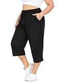 FOREYOND Plus Size Capri Pants for Women Loose Fit Yoga Pants with Pockets Workout Activewear Sweatpants Black