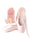 Daydance Women's Pointe Shoes Pink Ribbon Ballerina Ballet Shoes with Silicone Toe Pads (Light Pink, 6)