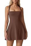 QINSEN Sleeveless Athletic Dress for Women High Waist Square Neck Tennis Dress Built in Shorts Golf Active Dress Chestnut M