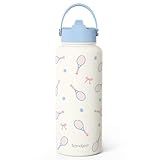 Tennis Water Bottle Stainless Steel 32oz with Lid & Straw, Aesthetic Sport Insulated Bottles Gifts for Girls Friends Teens Birthday Christmas