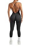 MOOSLOVER Women Strappy Backless One Piece Jumpsuits Tummy Control Padded Workout Rompers(M,#1 Black)