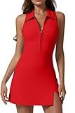 QINSEN Womens Tennis Dress with Shorts with Pockets Sleveless Polo Neck Workout Dresses Red M