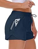 Mancreda Women's Running Shorts with Liner 3 Zipper Pockets Elastic Workout Athletic Gym Yoga Shorts(NA,S) Navy
