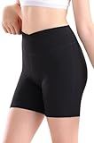 MEJING Girls Bike Shorts 7-8, Kids Black Athleic Volleyball Running Cheer Shorts Cross Waist, Yoga Gymnastics Compression Workout Spandex Clothes
