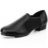Keemi Adult Tap Shoes Leather Slip On Tap Dance Shoes for Women, Black 7.5 M US