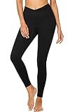 Womens Crossover Leggings Yoga Pants - Super Soft Tummy Control Workout Tignts (Black-Cross Waist, Large-X-Large)