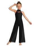 Yyuihri Girls Lyrical Dance Costume Halter Keyhole Back Leotard with Wide Leg Jumpsuit for Ballet Gymnastics Recital Black 9-10 Years