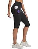 baleaf Womens Knee Length Capri Leggings with 3 Pockets Yoga Capri Pants High Waisted Summer Casual Wokrout Black L