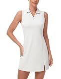 BGOWATU Tennis Dress for Women with Shorts, Golf Polo Dress Sleeveless Collared V Neck Athletic Dress Side Slit Sports Dress White M
