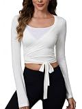 Women's Pilates Wrap Tops V-Neck Tie Long Sleeve Ballet Yoga Workout Shirt