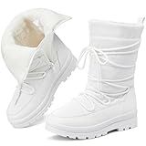 Snow Boots for Women Fur Winter Boots Waterproof Ski Boots Women's Mid Calf Boots Furry White Lace up Boots with Zipper(White.US9）