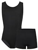 TENVDA Gymnastics Leotards for Girls 7-8 Years Old Solid Black Tumbling Outfit Workout Bodysuit Matching Shorts Set