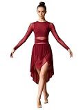 Yyuihri Women Lyrical Dance Dress-Elegant Long Sleeve Water-Drop Back Asymmetrical Tulle Skirt Dance Costume Burgundy Medium