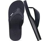 KuaiLu Men's Leather Flip Flops Arch Support Summer Beach Pool Water Thong Sandals Waterproof Rubber Walking Shoes Slip on Orthotic Casual Sport Cushioned Wide Slides Shower Slippers Black Size 9