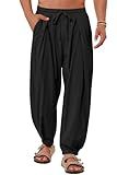 Gafeng Mens Linen Yoga Pants Elastic Waist Drawstring Summer Beach Loose Fit Casual Tapered Trousers Black