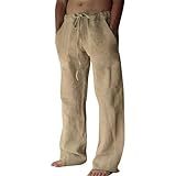 Puimentiua Cotton Linen Pants Men Casual Loose Fit Elastic Drawstring Waist Summer Beach Pants(Coffee,L)