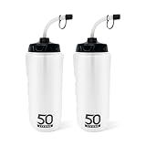 50 Strong 1 Liter Water Bottle with Straw – 2-Pack Easy-Squeeze Sports Bottles with Long Straw & Built-In Finger Grip – BPA-Free – Made in USA – Ideal for Hockey, Football, Lacrosse & Boxing