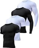 HOPLYNN 4/5 Pack Men's Workout Compression Shirts Long/Short Sleeve Shirts | Cool Dry, Rash Guard, Stretchable, Gym, Athletic, Running, Cycling, Sports, Base Layer Undershirt, 2 Black 2 White, S