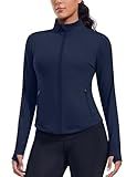 PINSPARK Slim Fit Workout Jacket for Woman Weightless Long Sleeve Fitness Jackets Full Zip Comfy Golf Athletic Jackets with Thumb Holes True Navy S