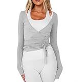 Women Wrap Tie Top Y2k Long SLeeve Ballet Workout Yoga Shirt Coquette Blouses (US, Alpha, Small, Regular, Regular, Grey)