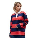 Suagox Women Striped Rugby Shirt Color Block Polo Sweatshirt Lapel Neck Collared Long Sleeve Oversized Jersey Tops (Maroon, S)