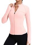 Rapbin Women's Running Jacket Slim Fit Lightweight Long Sleeve Full Zip Up Workout Yoga Tops Tight Fitted (Pink S)