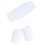 Sucrain 3 Pieces Striped Sweatbands Set, 1 Pieces Sports Headband and 2 Pieces Wristbands, Wicking Sweat Head Band for Men Women Outfit Sport (White)