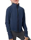 Gihuo Girls Zip Up Workout Jacket Lightweight Athletic Horse Riding Jackets Cropped Gym Yoga Track Shirts with Thumb Holes(Navy-13-14Y)
