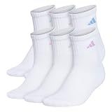 adidas Women's Athletic Cushioned Quarter Ankle Socks (6 Pairs) Durable & Comfortable, White/Clear Sky Blue/Bliss Lilac Purple, Medium
