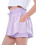 iMuchic Girls Butterfly Shorts, 2-in-1 Butterfly Running Shorts with Pocket Quick-Drying Flowy Short for Cheer Athletic Gym Teens Purple