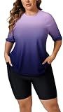 Halcurt Women Plus Rash Guard Built in Bra Swim Shirt and Shorts Purple 2X