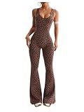 Verdusa Women's Cheetah Print Workout Sets Yoga Flared Pants Jumpsuits