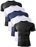 Dalavch 5 Pack Men’s Compression Shirts Short Sleeve Cool Dry Sports Athletic Workout Base Layer Undershirt T-Shirt Tops 2 Black 2 White 1 Blue Large