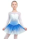 EQSJIU Long Sleeve Dance Leotard with Tutu Snow Blue Mesh Tutu Princess Dress Student Stage Performance Ballet Dress 6-7 Years