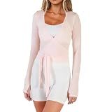 Dancenter Women Crop Wrap Top Thumb Hole Long Sleeve Active Self Tie Workout Shirt Ballet Pilates Yoga Wrap Tops (US, Alpha, Small, Regular, Regular, Pink)