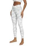 ODODOS Women's Cross Waist 7/8 Yoga Leggings with Inner Pocket, Inseam 25" Gathered Crossover Workout Yoga Pants, White Camo, Medium