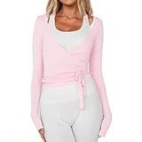 Women Ballet Wrap Top Long Sleeve Self Tie Dance Shirt Pilates Yoga Tops Y2k Workout Active Blouses (US, Alpha, Small, Regular, Regular, Pink)