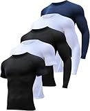 HOPLYNN 5 Pack Workout Compression Shirts Men Long/Short Sleeve Rash Guard Athletic Undershirt Gear T Shirt for Sports 2 Black 2 White 1 Blue L