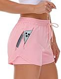 Mancreda Women's Running Shorts with Liner 3 Zipper Pockets Elastic Workout Athletic Gym Yoga Shorts(PK,M) Pink