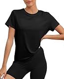 KevaMolly Black Workout Tops for Women UPF50+ Breathable Loose Fit Yoga T Shirts Short Sleeve Running Gym Athletic Tee Top M