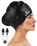 Large Long Hair Swim Cap with Extra Room for Women Men, Silicone Swimming Cap for Long Thick Hair with Ear Plugs Nose Clip Set, Adult Waterproof Swim Hats Bathing Caps to Keep Hair Dry(Black)