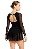 WYHDY Ballet Dance Dresses for Women Mesh Long Sleeve Round Neck Chest Padding Hollow Back(238121-06-S) Black